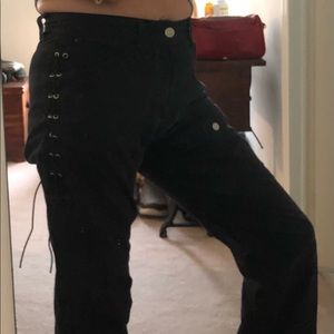 Harley HD black pants size 8, leg opening snaps, hip cording